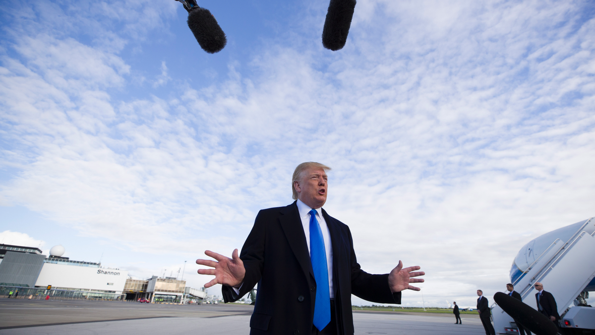 President Donald Trump speaks before he departs Shannon Airport, Thursday, June 6, 2019, in Shannon, Ireland. (AP Photo/Alex Brandon)