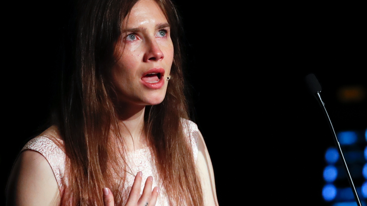 Amanda Knox gets emotional as she speaks at a Criminal Justice Festival at the University of Modena, Italy, Saturday, June 15, 2019. Knox, a former American exchange student who became the focus of a sensational murder case, arrived in Italy Thursday for the first time since an appeals court acquitted her in 2011 in the slaying of her British roommate.