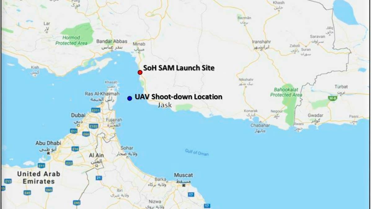 This map provided by the Department of Defense, Thursday, June 20, 2019, shows the site where they say a U.S. Navy RQ-4 drone was shot down.?