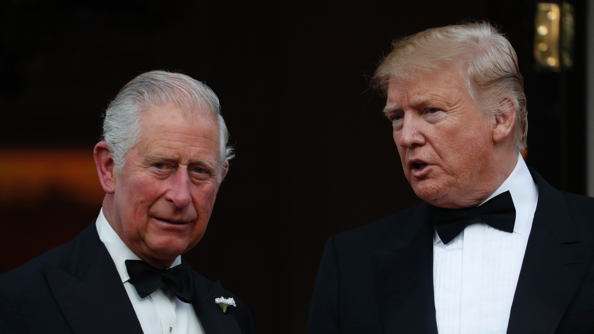 President Trump and Britain's Prince Charles outside Winfield House, the residence of the Ambassador of the United States of America to the U.K., in Regent's Park, London, on June 4, 2019. (AP Photo/Alastair Grant)