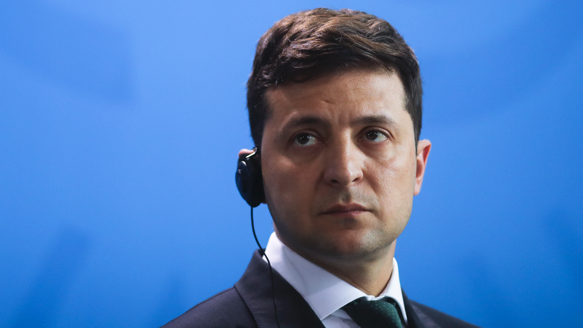 Ukrainian President Volodymyr Zelensky attends a news conference with German Chancellor Angela Merkel in Berlin, Germany, on June 18, 2019. (AP Photo/Markus Schreiber)