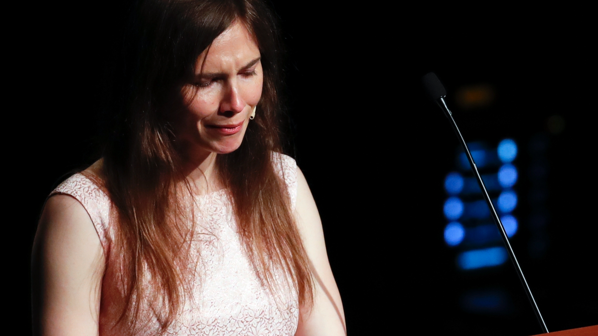 Amanda Knox gets emotional as she speaks at a Criminal Justice Festival at the University of Modena, Italy, Saturday, June 15, 2019. Knox, a former American exchange student who became the focus of a sensational murder case, arrived in Italy Thursday for the first time since an appeals court acquitted her in 2011 in the slaying of her British roommate.