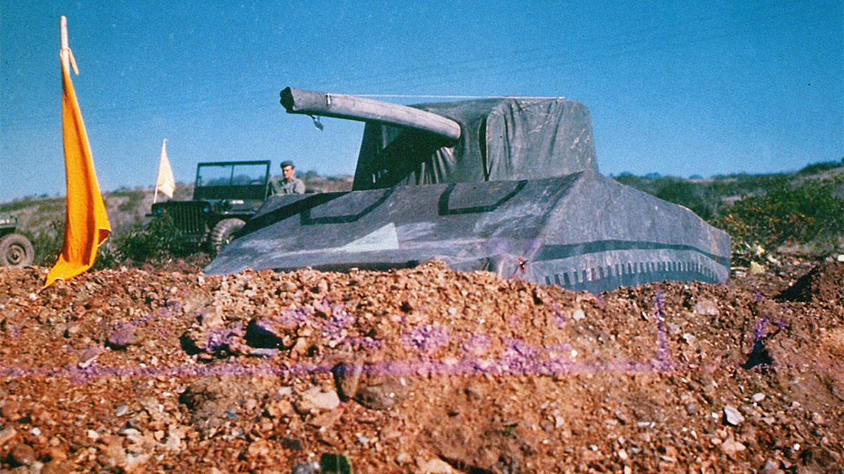 An inflatable?dummy tank modelled after the M4 Sherman during Operation Fortitude, Southern England, United Kingdom, 1944.