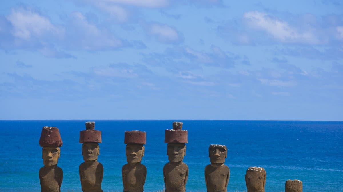 Statues at Anakena Beach, Easter Island, Chile.?(Photo by Eric LAFFORGUE/Gamma-Rapho via Getty Images)