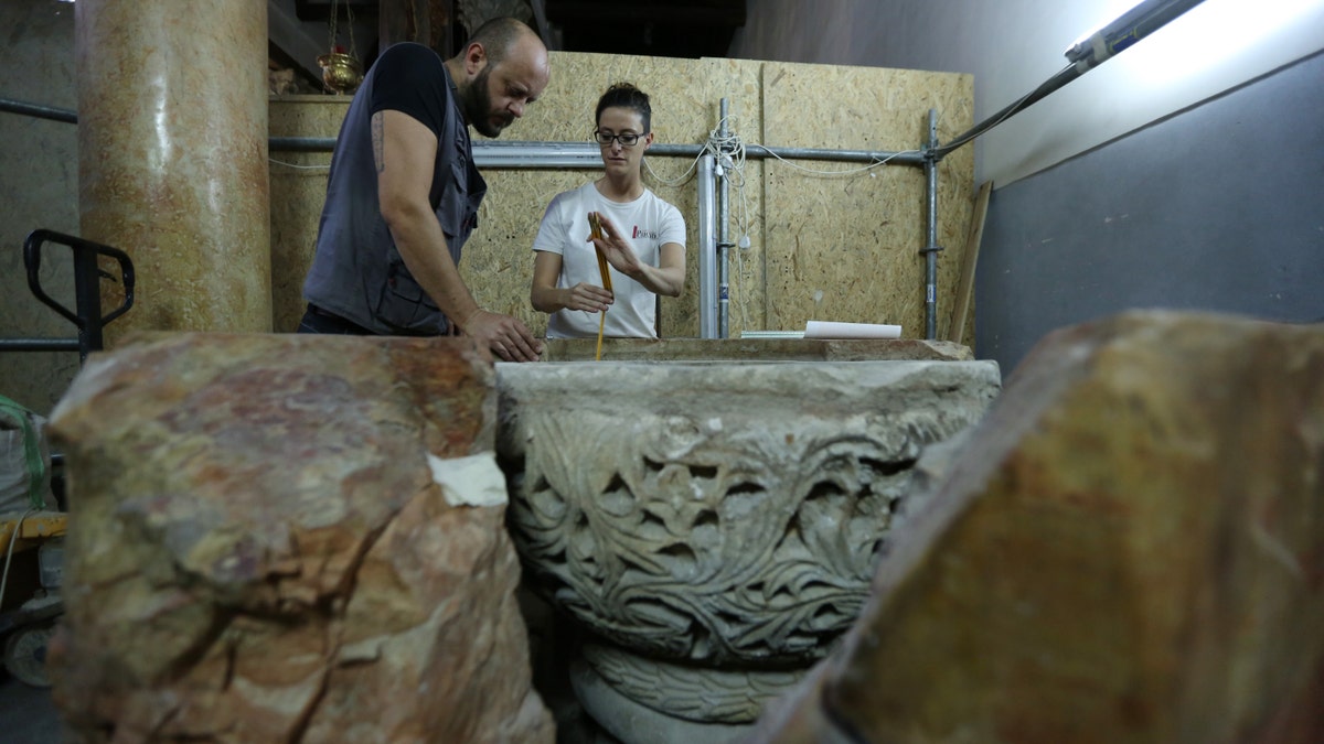 A baptismal font is discovered at the Church of the Nativity in Bethlehem, West Bank on June 22, 2019. Baptismal font at the Church of the Nativity, considered to be the birthplace of Jesus, is estimated to be from the 501-600 A.D.