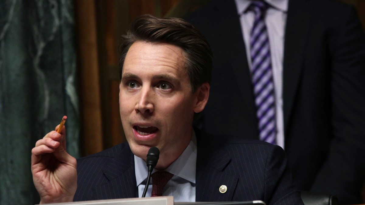 File photo - U.S. Sen. Josh Hawley (R-MO) speaks during a hearing before the Senate Judiciary Committee March 12, 2019 on Capitol Hill in Washington, DC.