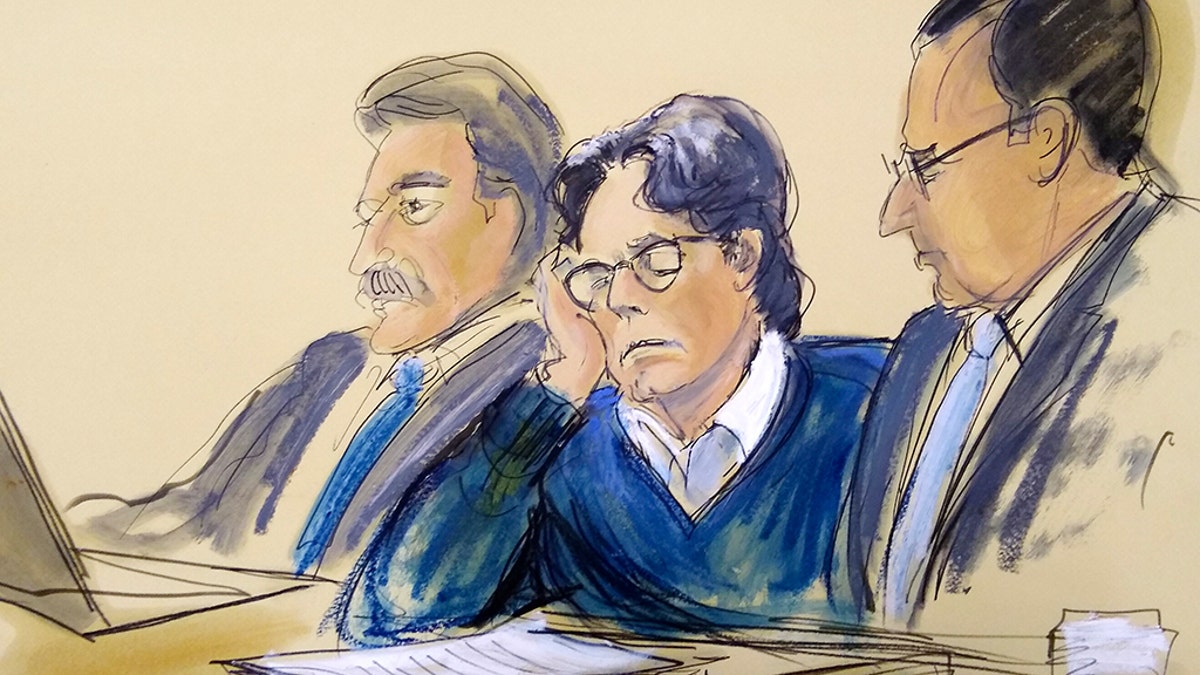 In this courtroom artist's sketch, defendant Keith Raniere, center, sits with attorneys Paul DerOhannesian, left, and Marc Agnifilo during closing arguments at Brooklyn federal court, Tuesday, June 18, 2019 in New York. A federal prosecutor said Raniere used his NXIVM organization to "tap into a never-ending flow of women and money." Attorneys for the defendant say he had no criminal intent and that his sexual encounters with followers were consensual. (Elizabeth Williams via AP)