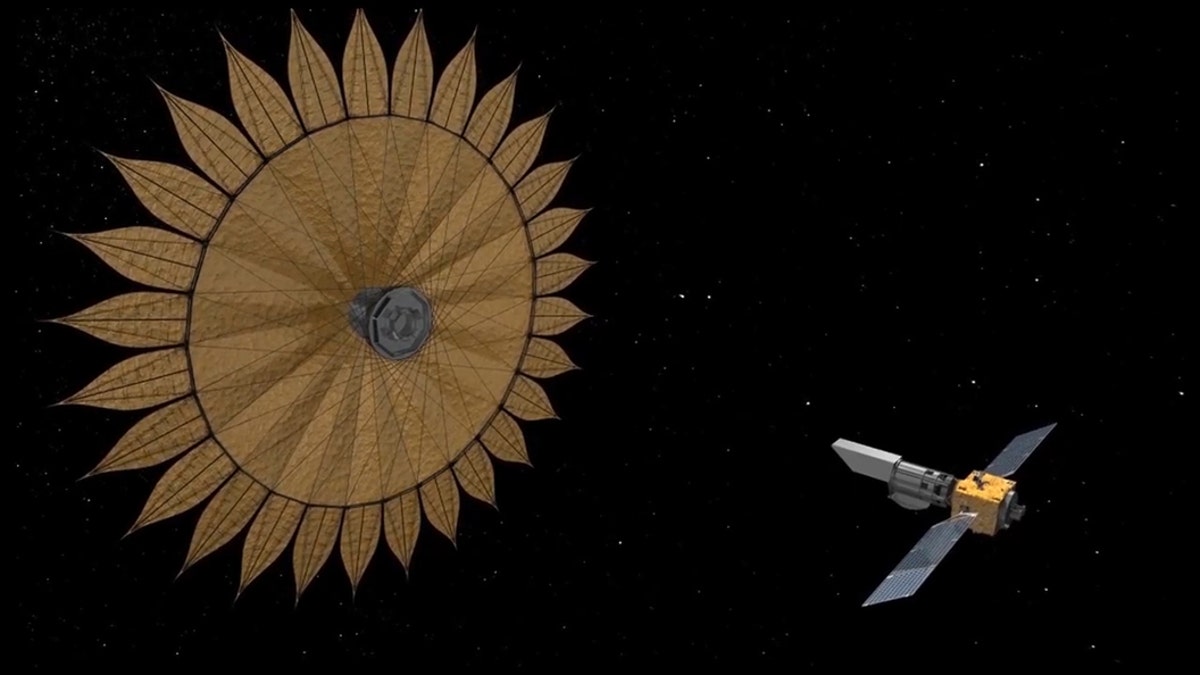 This artist's concept shows the geometry of a space telescope aligned with a starshade, a technology used to block starlight in order to reveal the presence of planets orbiting that star. (Credit: NASA/JPL-Caltech)