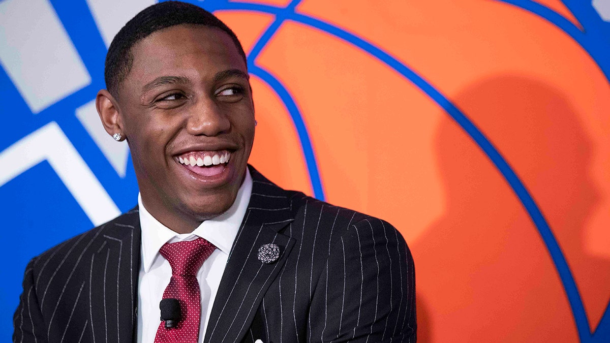 New York Knicks NBA basketball draft pick RJ Barrett speaks to reporters during a news conference, Friday, June 21, 2019, at Madison Square Garden in New York. (AP Photo/Mary Altaffer)