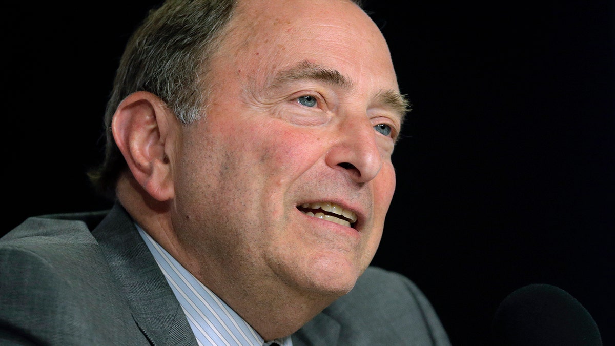 NHL Commissioner Gary Bettman speaks during a news conference before Game 5 of the NHL hockey Stanley Cup Final between the St. Louis Blues and the Boston Bruins, Thursday, June 6, 2019, in Boston, where Dunkin' brands announced a new multi-year agreement partnership with the National Hockey League. (AP Photo/Charles Krupa)