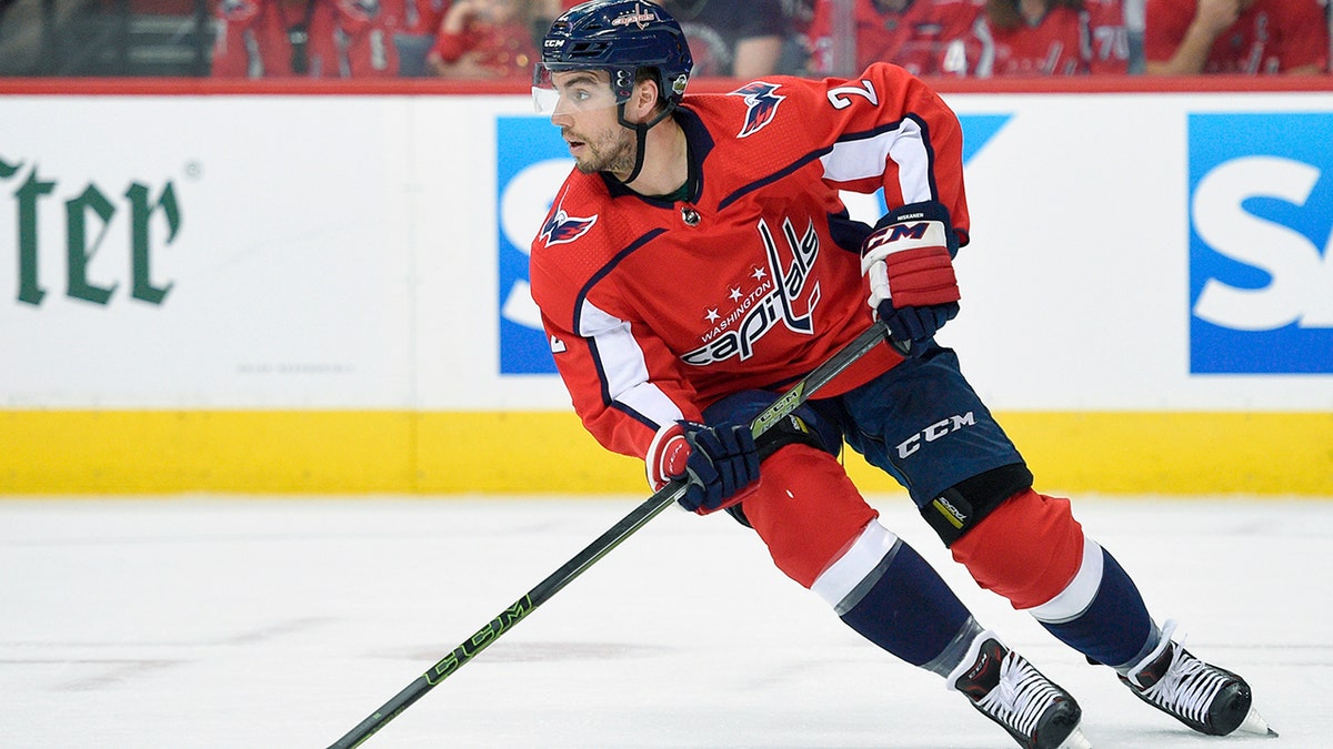 FILE - In this April 26, 2018, file photo, Washington Capitals defenseman Matt Niskanen (2) skates with the puck during the first period in Game 1 of an NHL second-round hockey playoff series against the Pittsburgh Penguins,in Washington. The Philadelphia Flyers have acquired defenseman Matt Niskanen from the Washington Capitals for defenseman Radko Gudas. This is the first significant move of the NHL offseason after the St. Louis Blues won the Stanley Cup less than 36 hours prior. (AP Photo/Nick Wass, File)