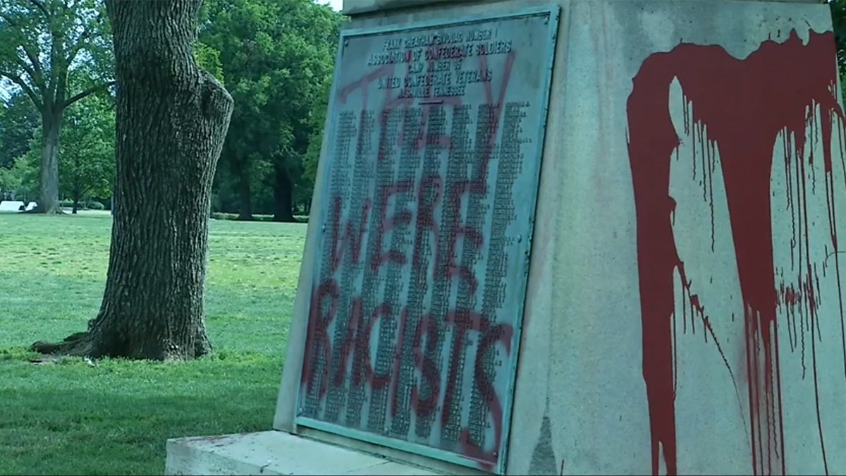 Red liquid was also doused on the statue while the phrase was scrawled on a plaque with the names of more than 500 Tennessee Confederate soldiers.