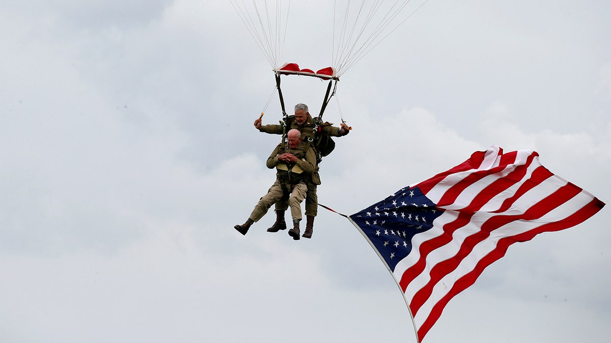 U.S. World War II paratrooper veteran Tom Rice, 97, in the commemorative parachute jump over Carentan on the Normandy coast on Wednesday.