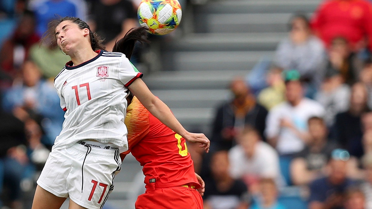 Spain's Lucia Garcia goes up for a header during the Women's World Cup Group B soccer match between China and Spain at the Stade Oceane in Le Havre, France, Monday, June 17, 2019. (AP Photo/Francisco Seco)