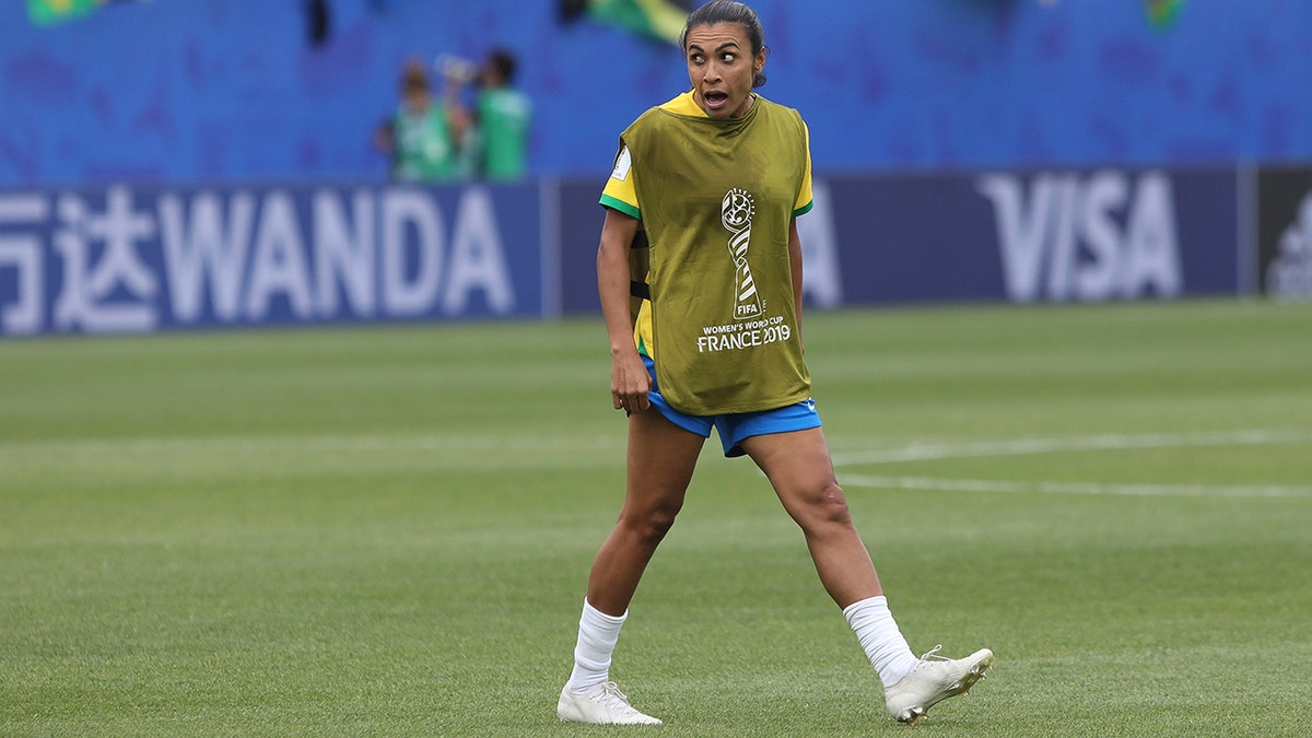 Brazil's Marta celebrates at the end of the Women's World Cup Group C soccer match between Brazil and Jamaica in Grenoble, France, Sunday, June 9, 2019. Marta has been ruled out for Brazil's opening match at the Women's World Cup because of a left thigh injury. (AP Photo/Laurent Cipriani)