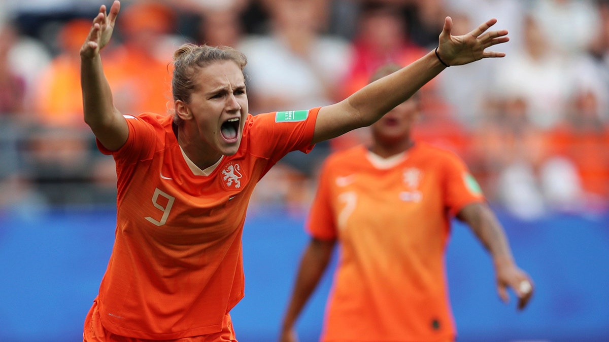 Netherlands' Vivianne Miedema reacts to a call during the Women's World Cup Group E soccer match between the Netherlands and Canada at Stade Auguste-Delaune in Reims, France, Thursday, June 20, 2019. (AP Photo/Francisco Seco)