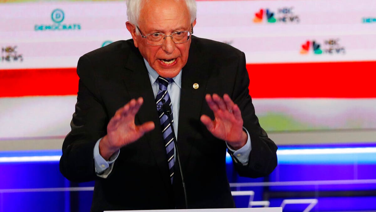 Democratic presidential candidate Sen. Bernie Sanders, I-Vt., speaks during the Democratic primary debate hosted by NBC News at the Adrienne Arsht Center for the Performing Art, Thursday, June 27, 2019, in Miami. (AP Photo/Wilfredo Lee)
