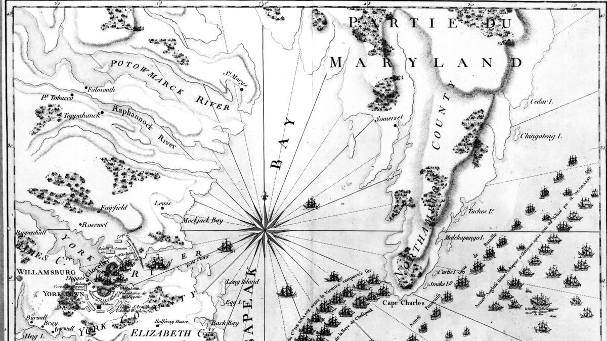 1781: French map of the coast of Virginia showing Cornwallis' army entrenched on the York River with the American and French armies laying siege around it. French Admiral de Grasse's fleet blocks the entrance to Chesapeake Bay.