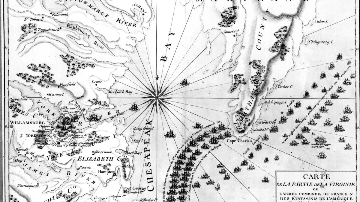 1781: French map of the coast of Virginia showing Cornwallis' army entrenched on the York River with the American and French armies laying siege around it. French Admiral de Grasse's fleet blocks the entrance to Chesapeake Bay.