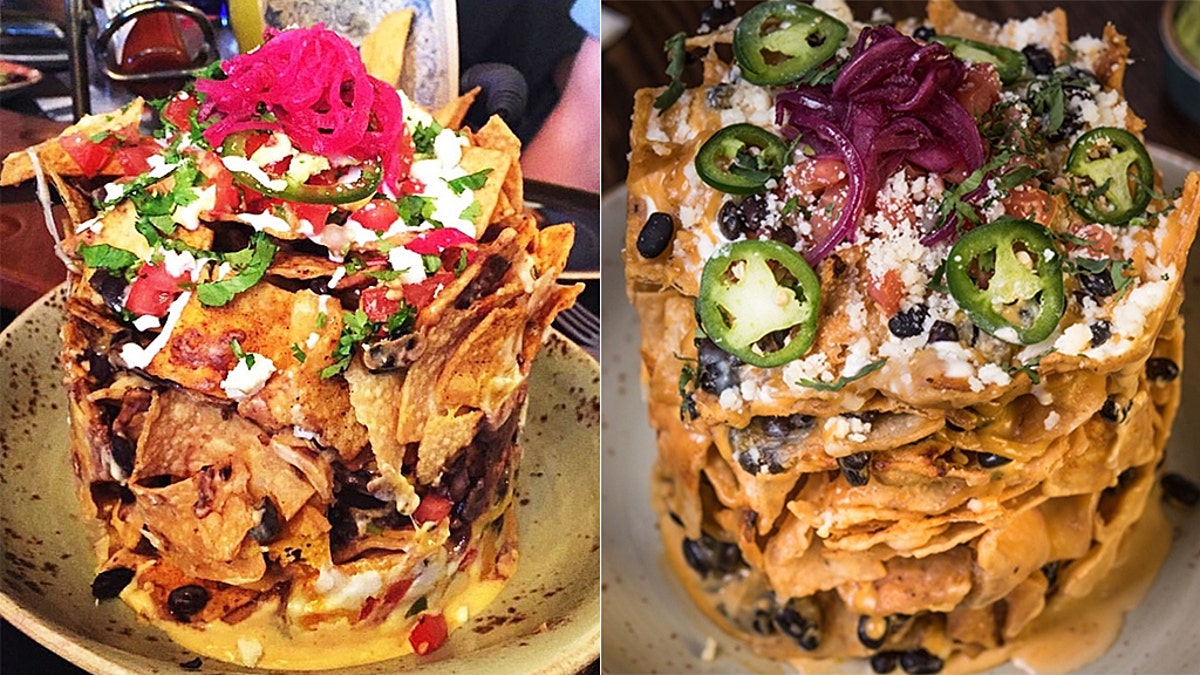 According to Guy Fieri's El Burro Borracho Restaurant menu, the gooey nachos come with chips, black beans, melty queso casero with pickled red onion, jalepenos and pico de gallo and cilantro on top as well as crumbled Cotija cheese and a choice of four different types of meat.