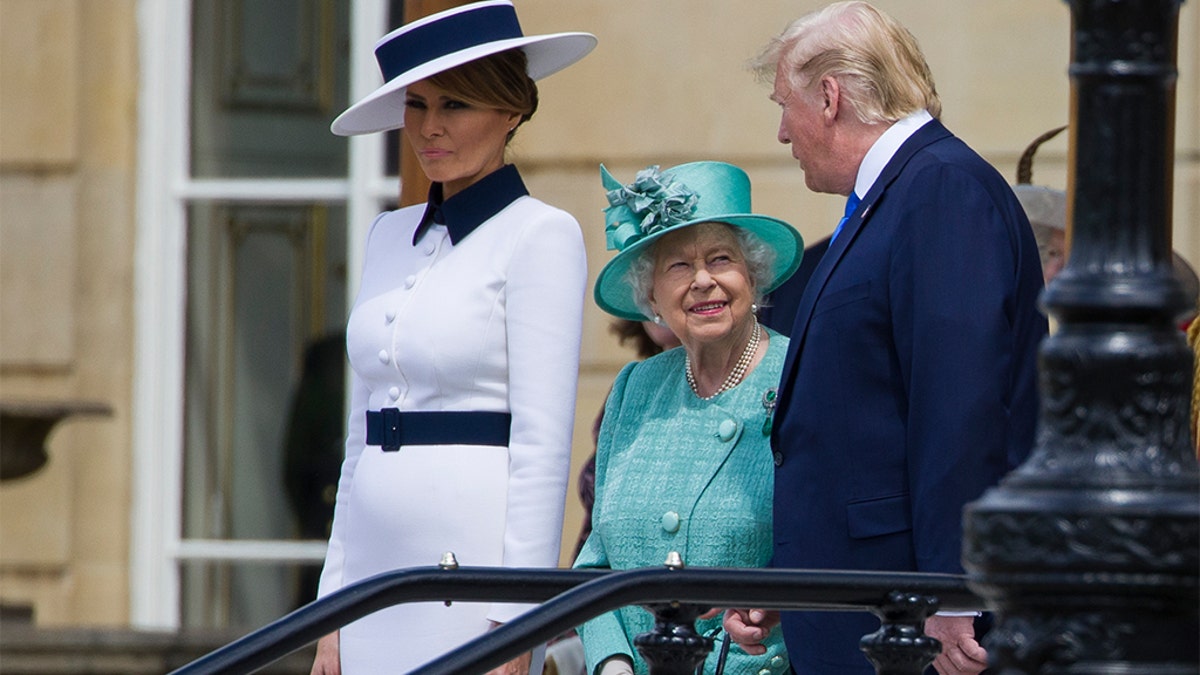 First lady Melania Trump with Queen Elizabeth II and President Trump at Buckingham Palace on Monday. (AP Photo/Alex Brandon)