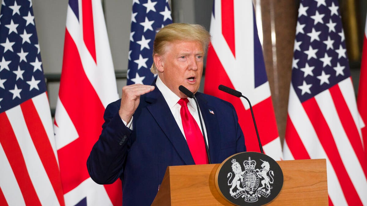 President Donald Trump speaks during a news conference with British Prime Minister Theresa May at the Foreign Office, Tuesday, June 4, 2019, in central London. (AP Photo/Alex Brandon)