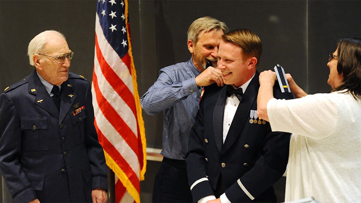 World War II veteran Walter Kloc, 101, flew from Amherst, New York to commission his grandson, Joseph, during the U.S. Air Force Academy's class of 2019 graduation ceremony in Colorado Springs. (US Air Force Academy)