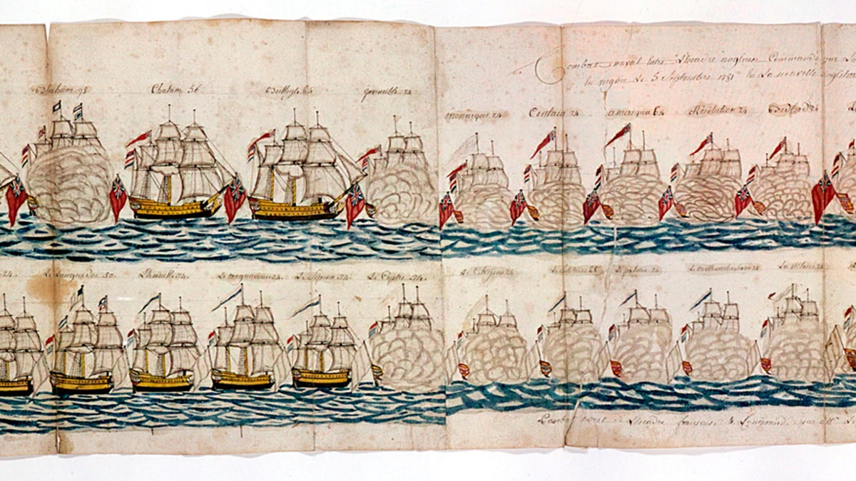 American War of Independence: Battle of Yorktown, 1781.Two lines of warships firing broadsides. From a French logbook, held by the Henry Huntingdon Museum.