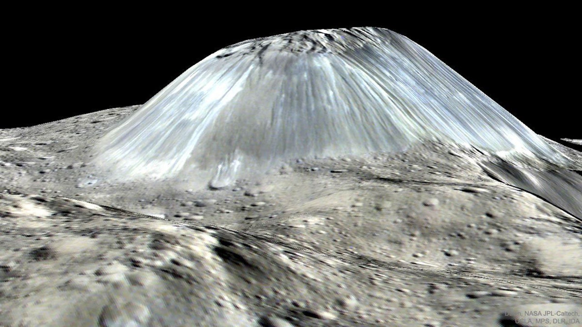 Unusual Mountain Ahuna Mons on Asteroid Ceres (Credit: Dawn Mission, NASA, JPL-Caltech, UCLA, MPS/DLR/IDA)