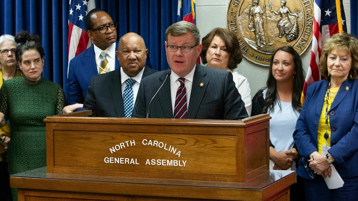 North Carolina House Speaker Tim Moore, a Republican, leads a press conference touting the "Born Alive Abortion Survivors Act" with penalties for doctors who commit what bill supporters call infanticide Wednesday at the Legislative Building in Raleigh. (Travis Long/The News &amp; Observer via AP)