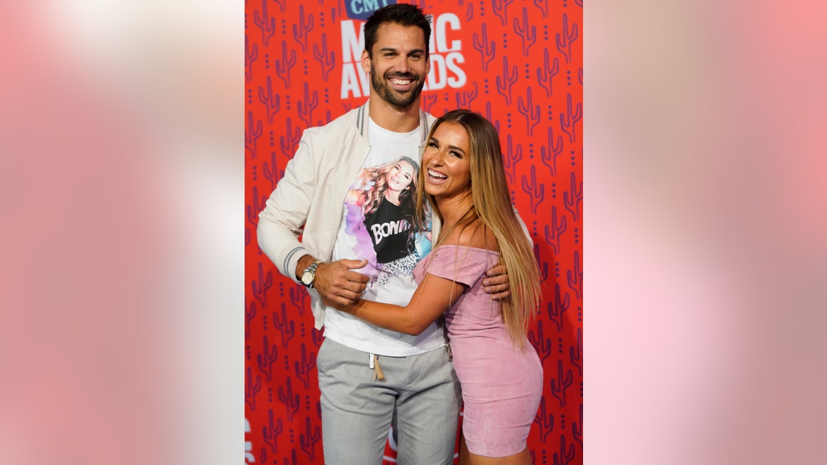 Eric Decker, left, and Jessie James Decker arrive at the CMT Music Awards on Wednesday, June 5, 2019, at the Bridgestone Arena in Nashville, Tenn. (AP Photo/Sanford Myers)