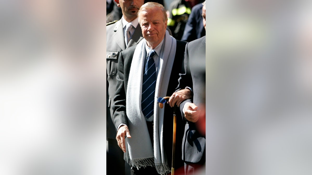 In this Saturday, Sept. 8, 2007 file photo, Italian movie director Franco Zeffirelli arrives at the funeral service of late Italian tenor Luciano Pavarotti in Modena's Duomo Cathedral, Modena, Italy. Italian film director Franzo Zeffirelli has died in Rome at the age of 96. Zefffirelli's son Luciano said his father died at home on Saturday at noon.