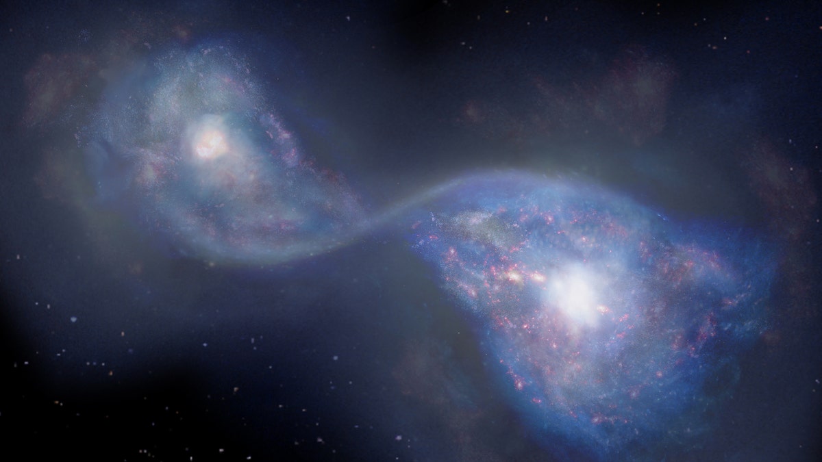 An artist’s impression of merging galaxies known as B14-65666 some 13 billion light-years away. 