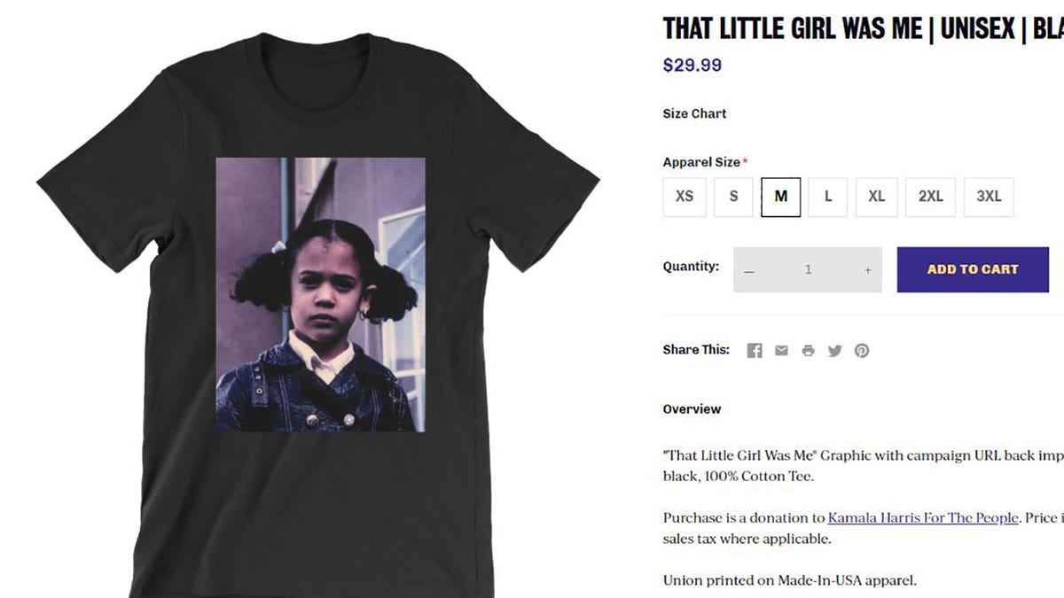 The 'That little girl was me' t-shirt sells for $30 on Harris' website. 