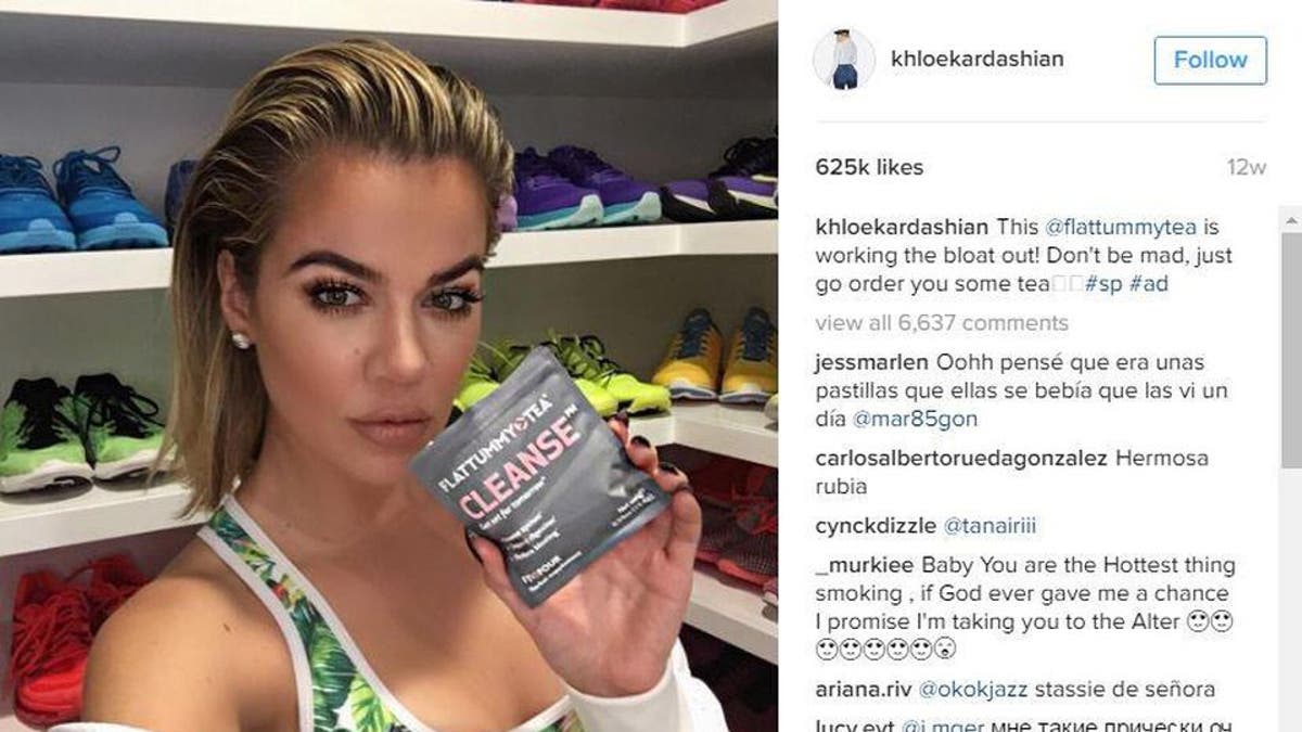 Reality star Khloe Kardashian plugs weight loss tea on her Instagram in a sponsored post.