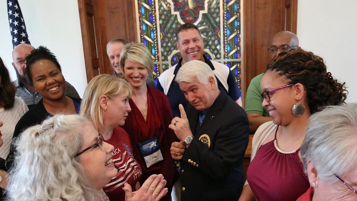 James McCloughan jokes with teachers after speaking to them at Freedoms Foundation at Valley Forge on June 19. (Photo by Darryl Moran)