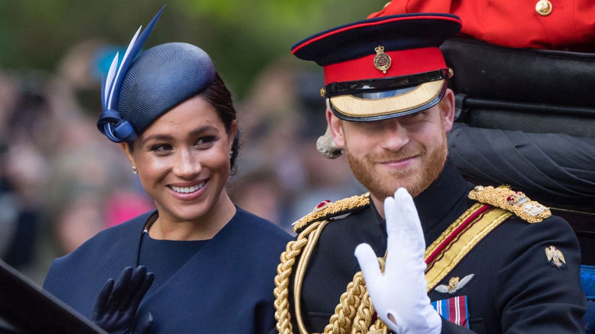 Prince Harry, Duke of Sussex and Meghan, Duchess of Sussex ride by carriage down the Mall during Trooping The Colour, the Queen's annual birthday parade, on June 08, 2019, in London, England. (Photo by Samir Hussein/Samir Hussein/WireImage)