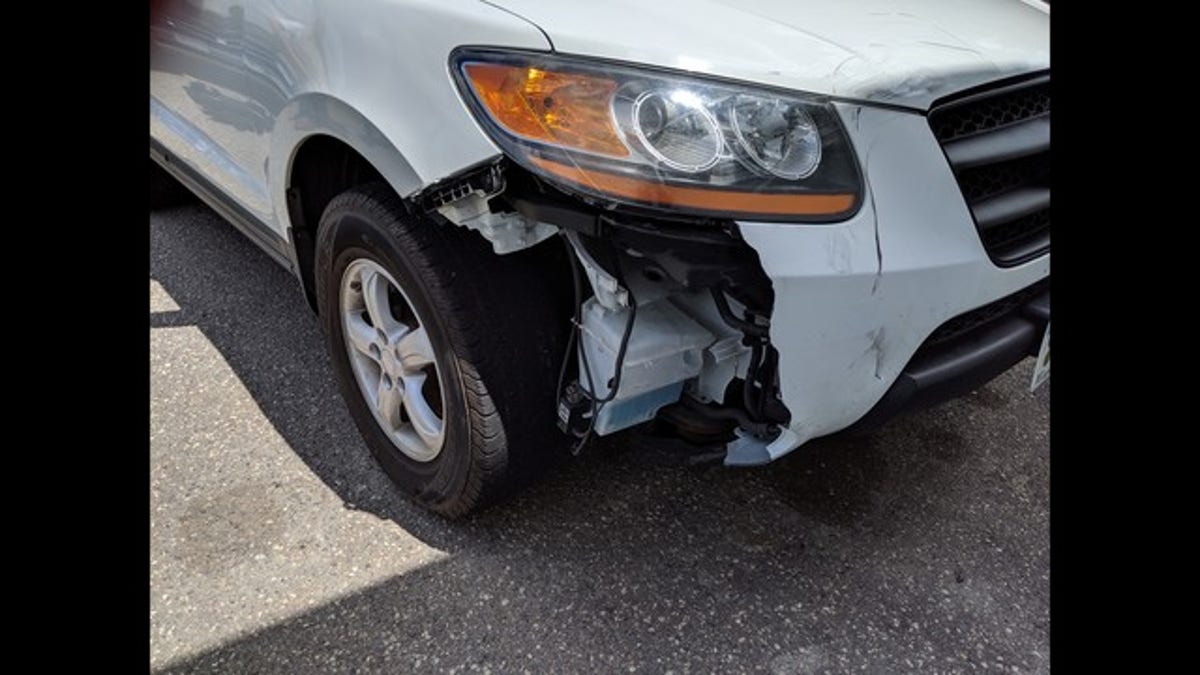 Damage to the great-grandfather's vehicle can be see after the joyride to get candy.