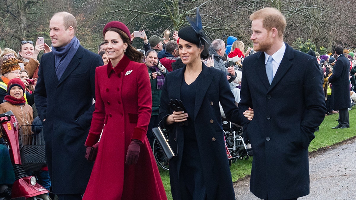 Prince William, Duke of Cambridge, Catherine, Duchess of Cambridge, Meghan, Duchess of Sussex and Prince Harry, Duke of Sussex attend Christmas Day Church service at Church of St Mary Magdalene on the Sandringham estate on December 25, 2018, in King's Lynn, England.