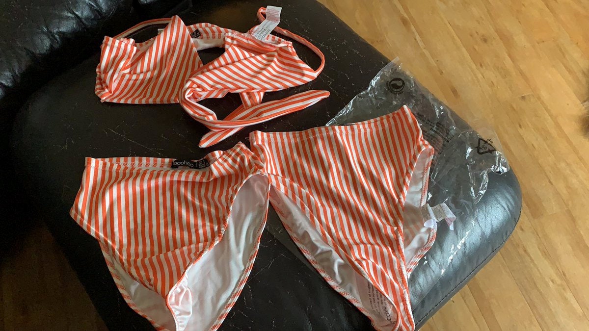 Katrina Harradine, 29, purchased the two-piece Stripe Tie Triangle High Waist Bikini for an upcoming holiday in St. Lucia.