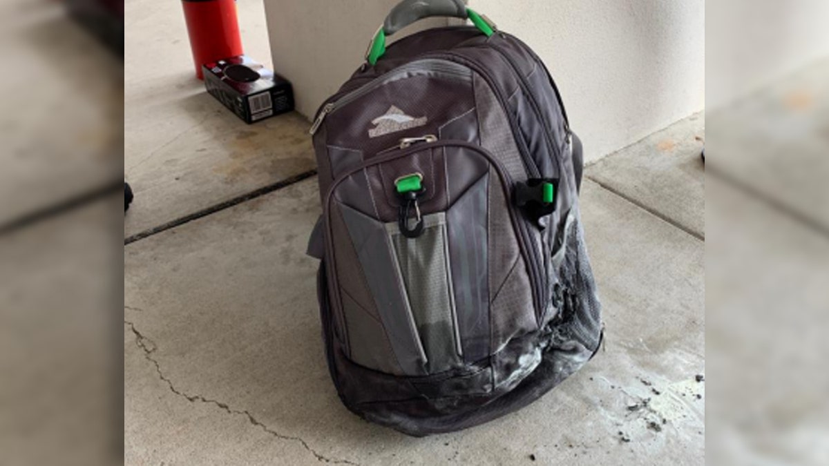 On June 12, a passenger’s gray backpack, pictured, went up in flames as it passed through a TSA scan at Yeager Airport.