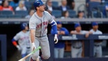 New York Mets' Pete Alonso watches his three-run home run during the first inning of the team's baseball game against the New York Yankees, Tuesday, June 11, 2019, in New York. (AP Photo/Kathy Willens)