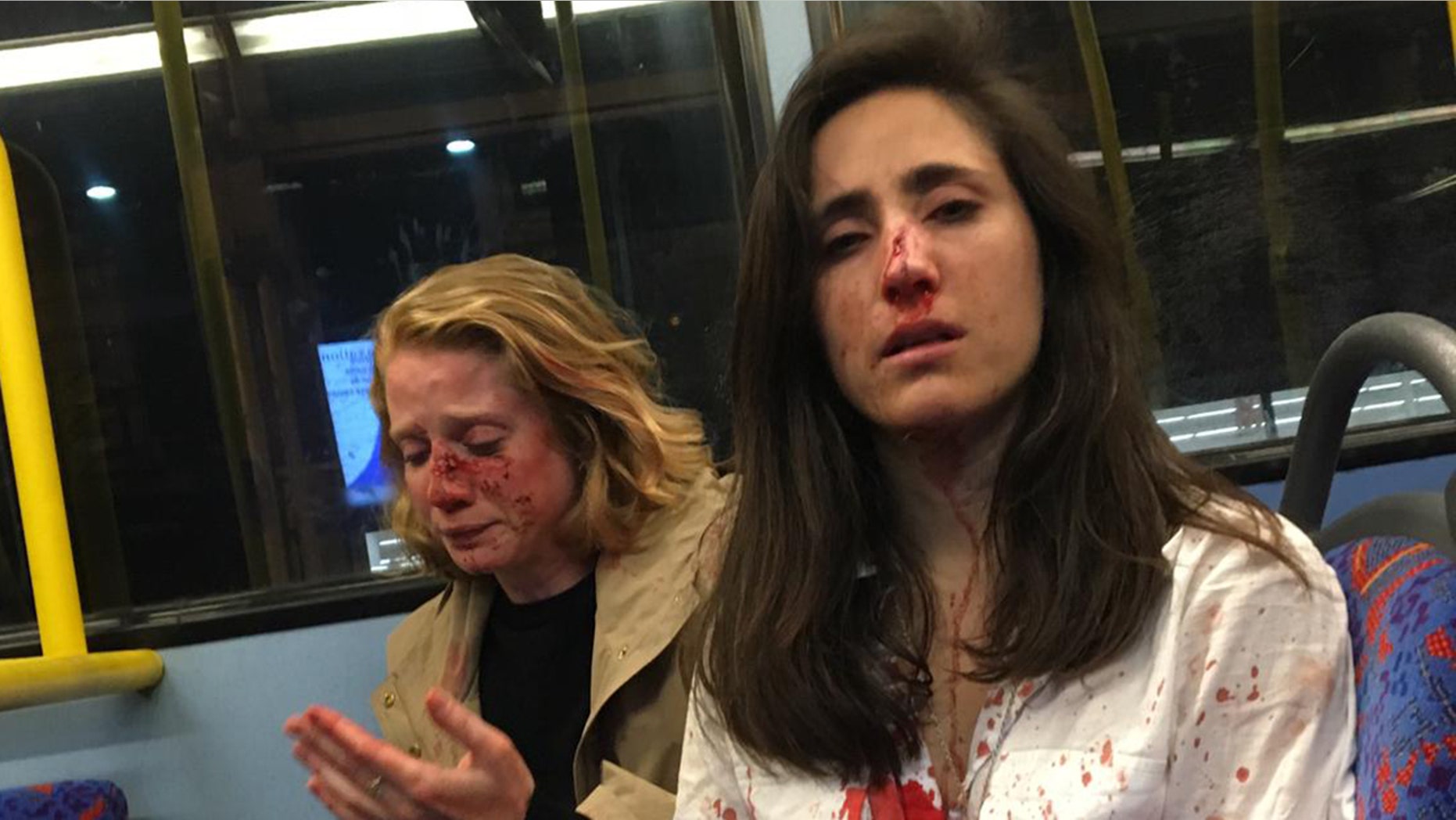 Melania Geymonat, 28, (right) originally from Uruguay, was riding the bus with her girlfriend Chris (left) after an evening out in West Hampstead, London, in the early hours of Thursday, May 30. Melania Geymonat, 28, (right) originally from Uruguay, was riding the bus with her girlfriend Chris (left) after an evening out in West Hampstead, London, in the early hours of Thursday, May 30.