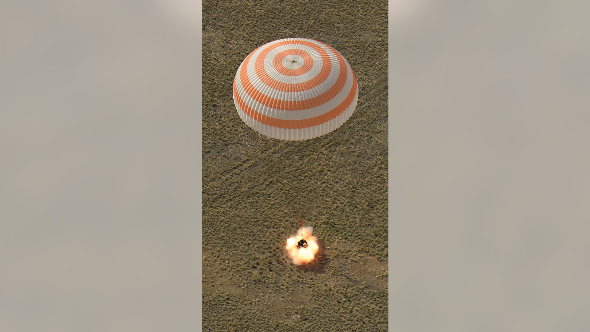 The Soyuz MS-11 spacecraft lands with Expedition 59 crew members Anne McClain of NASA, David Saint-Jacques of the Canadian Space Agency, and Oleg Kononenko of Roscosmos, in Kazakhstan, June 25, 2019. 