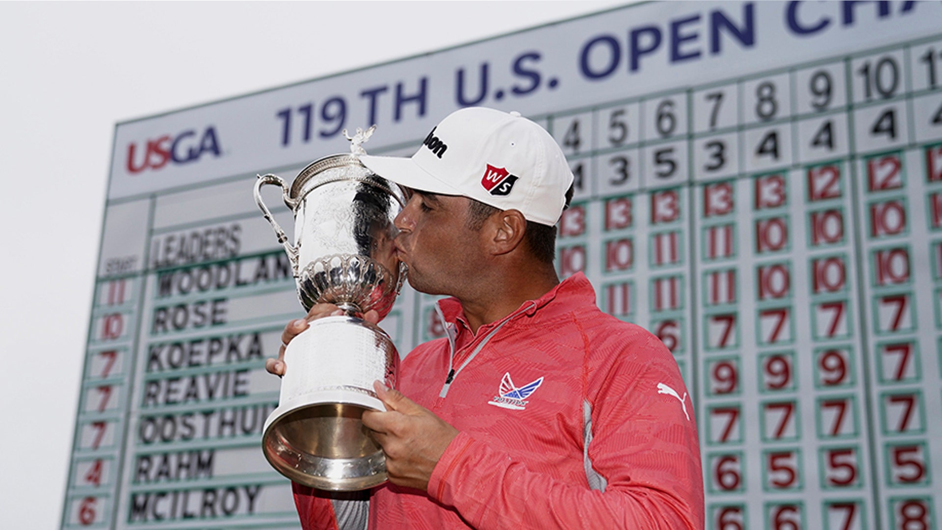 Gary Woodland posses with the trophy after winning the U.S. Open Golf Championship in Pebble Beach, California, June 16, 2019. 