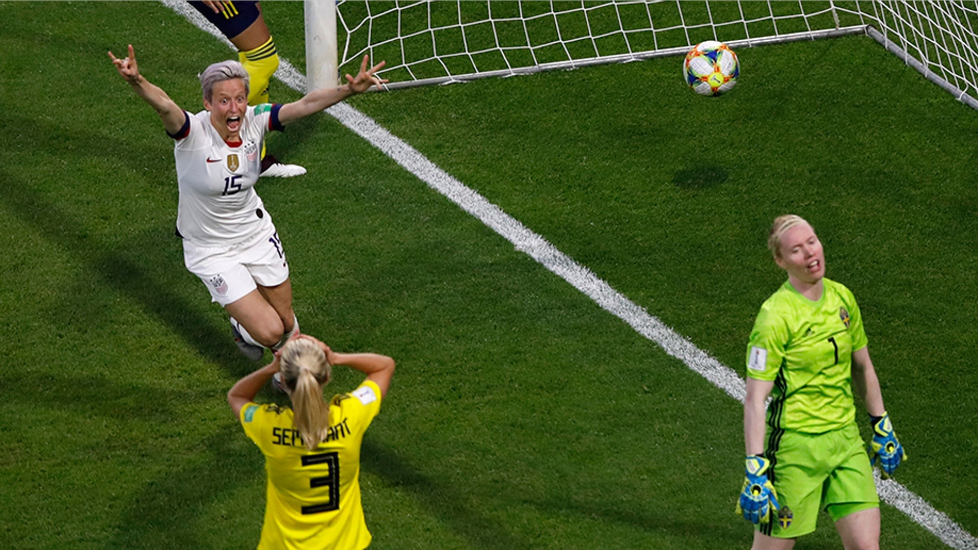 United States Megan Rapinoe celebrates after teammate Tobin Heath scored her side's second goal during their Women's World Cup soccer match against Sweden in Le Havre, France, June 20, 2019.