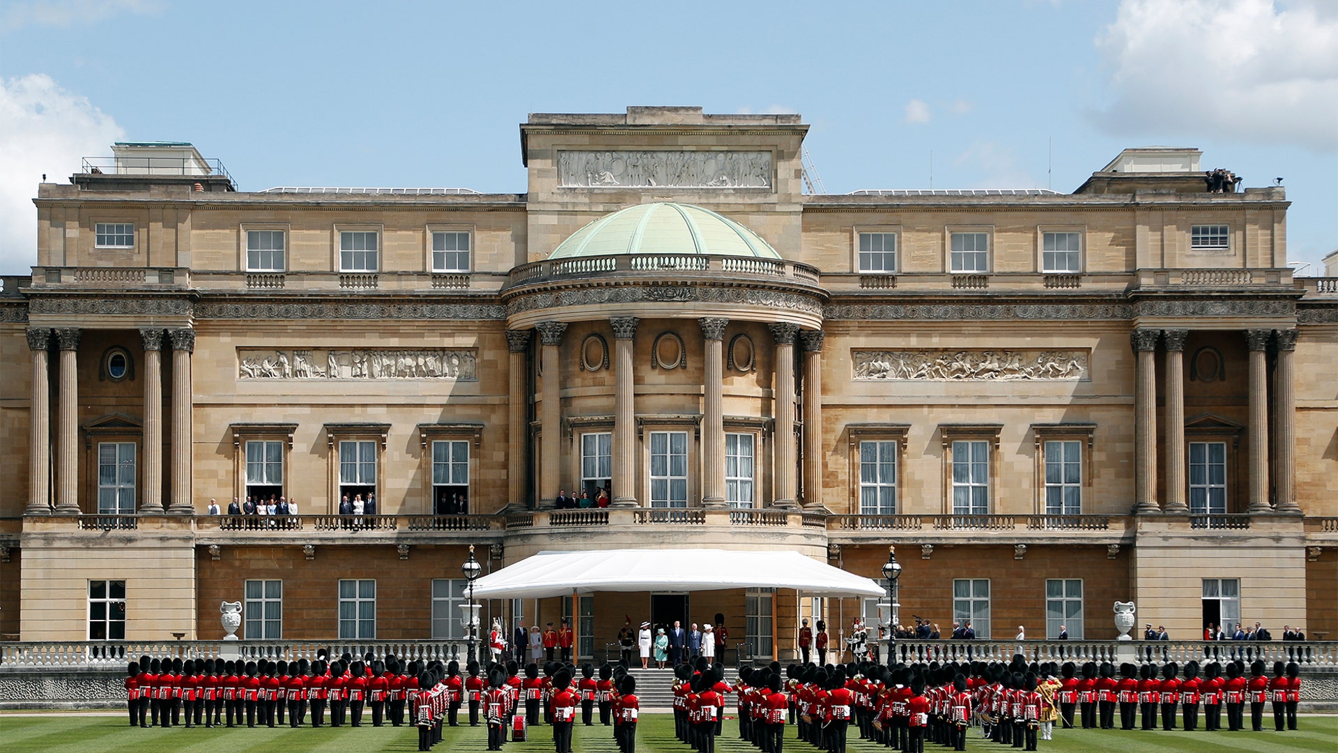 The ceremonial welcome in the garden of Buckingham Palace in London.