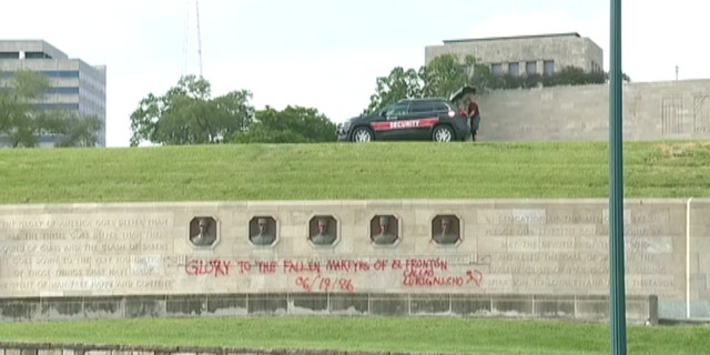 Vandals used red spray paint to deface the World War I Memorial 