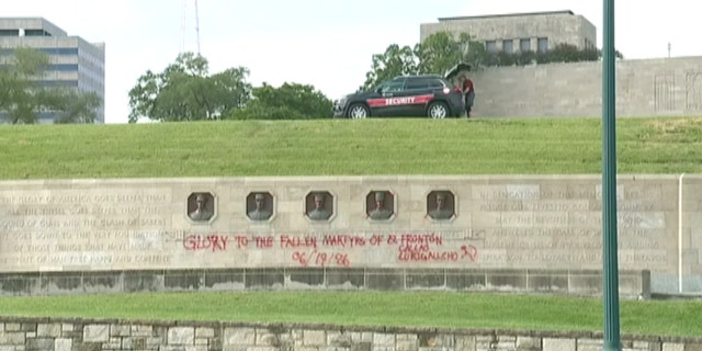 Vandals used red spray paint to deface the World War I Memorial