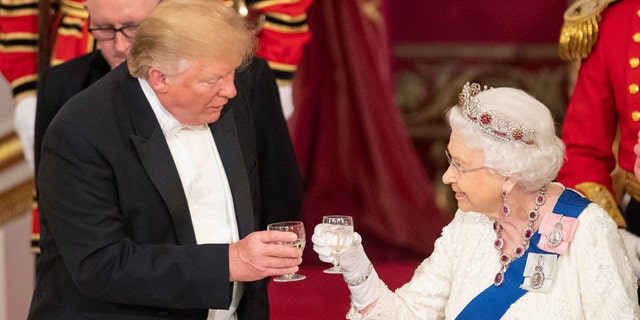 President Trump and Queen Elizabeth II share a toast during the State Banquet at Buckingham Palace, in London, Monday, June 3, 2019. Trump is on a three-day state visit to Britain.